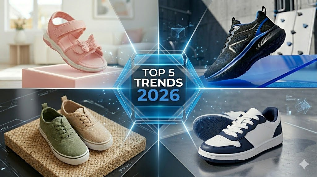 Top 5 Kids' Footwear Trends 2026 Pakistan: A collection of imported boys' and girls' sneakers, including 3D butterfly sandals, tech Knit-Tech sneakers, and sustainable earth tones for the active children from Inayat Shoes.