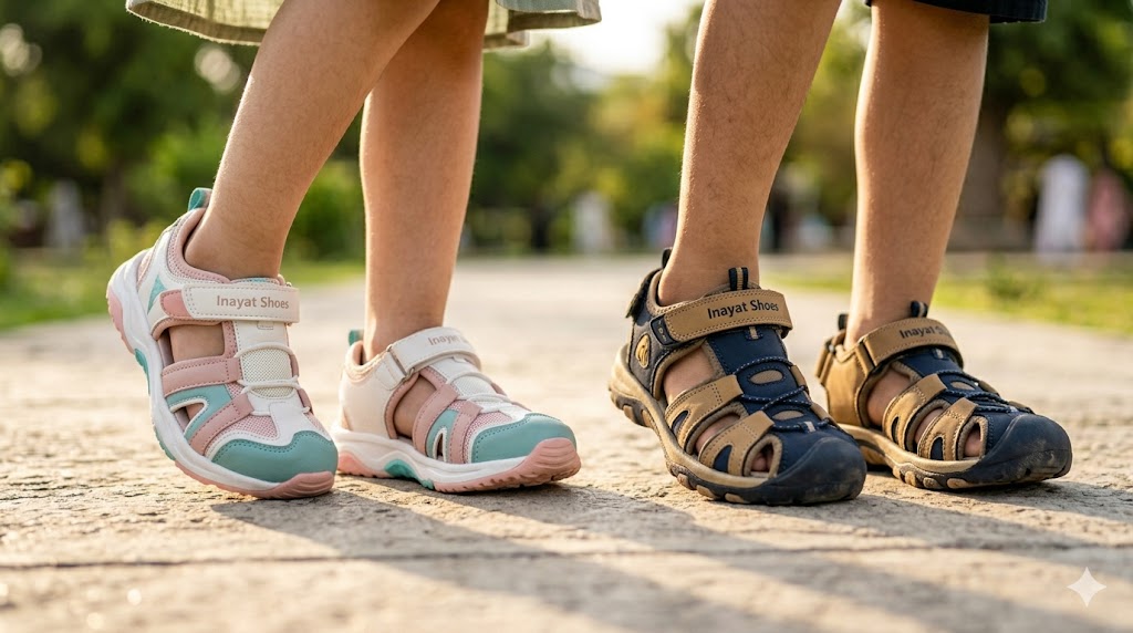 A stunning close-up photograph showcasing the premium materials, comfortable cushioning, and rugged durability of a pair of imported kids' sandals (girls' sneaker-sandal hybrid and boys' outdoor sandal) from Inayat Shoes.