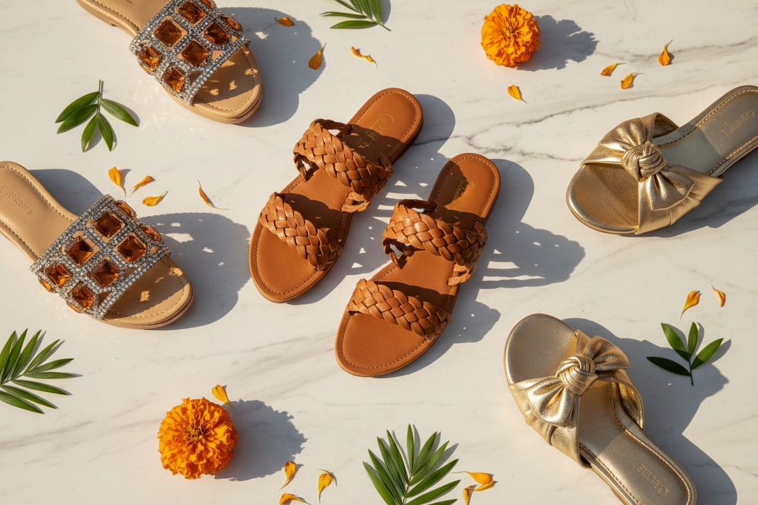 Best women's chappals and slides in Pakistan 2026 — braided strap, crystal platform, and gold metallic styles by Inayat Shoes
