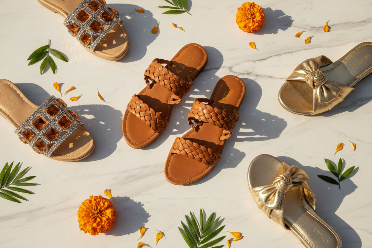Best women's chappals and slides in Pakistan 2026 — braided strap, crystal platform, and gold metallic styles by Inayat Shoes