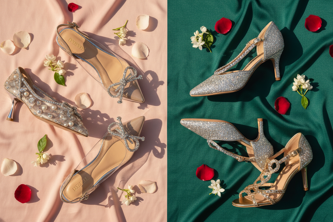 Flat sandals vs heels comparison — crystal party flats and rhinestone kitten heels for Pakistani women by Inayat Shoes 2026