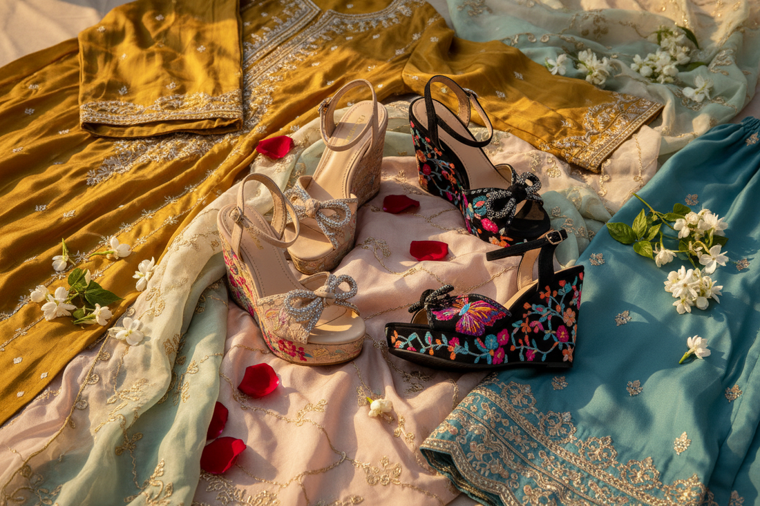 Women's wedge sandals styled with Pakistani outfits — crystal bow platform wedges and floral butterfly wedge sandals by Inayat Shoes