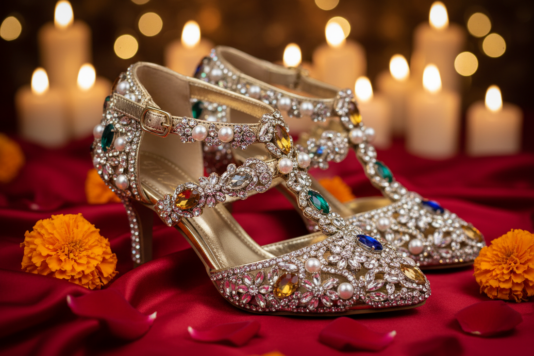 Luxury gold rhinestone embellished women's heels for Pakistani weddings — crystal kitten heels on red silk with rose petals by Inayat Shoes