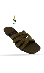 Brown sandal with glittery straps on a white background