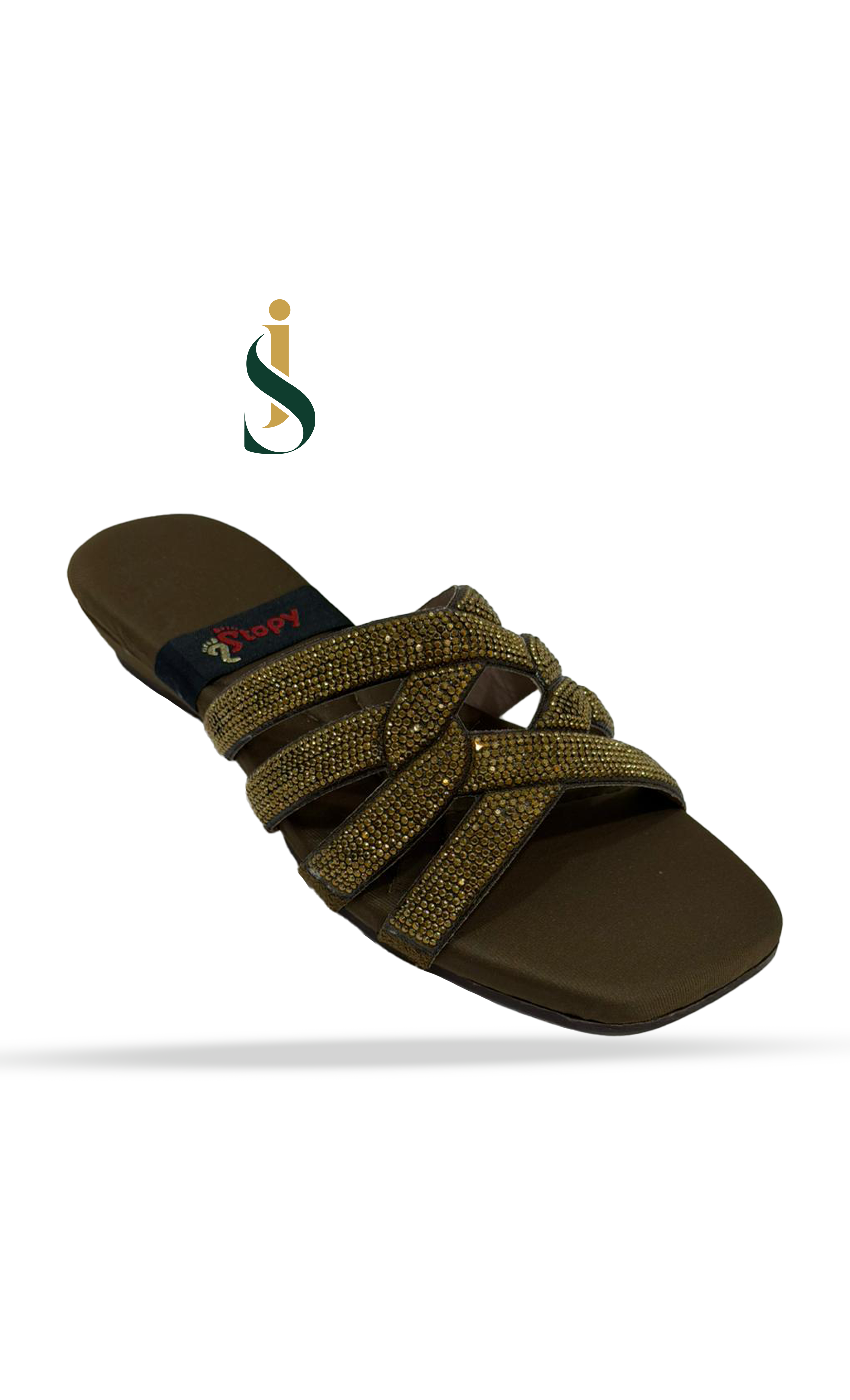Brown sandal with glittery straps on a white background