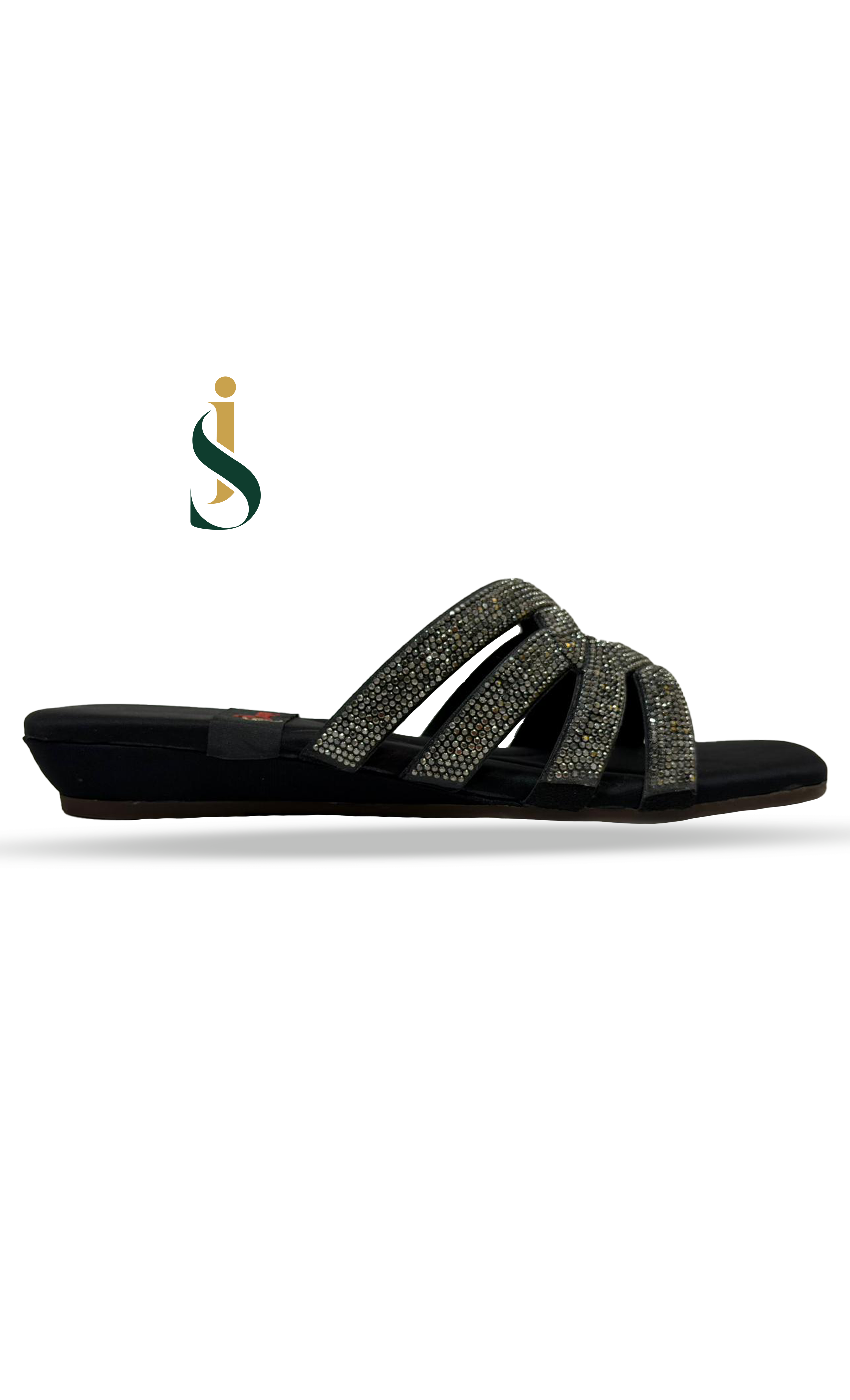 Black sandal with criss-cross straps on a white background