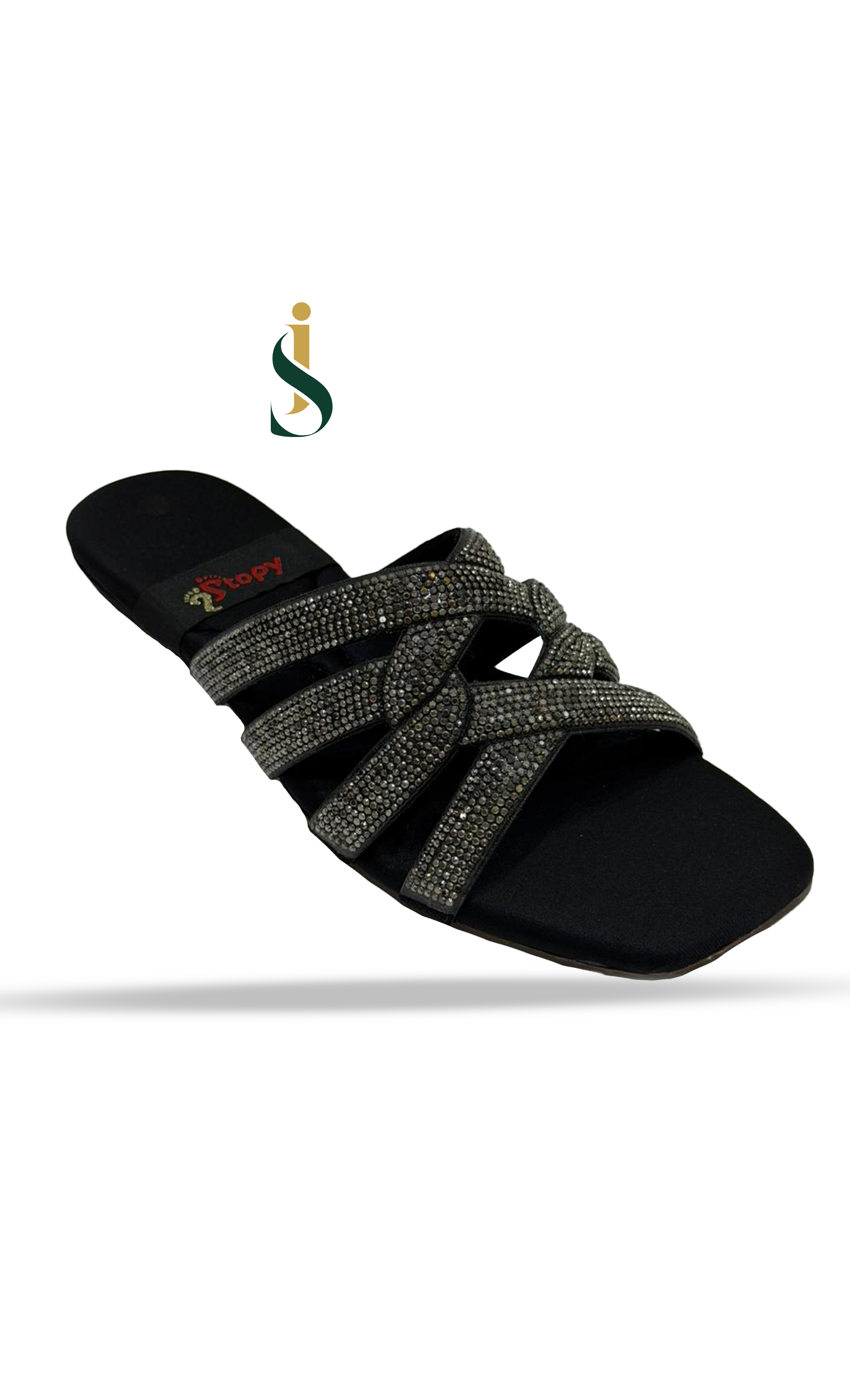 Black sandal with decorative straps on a white background