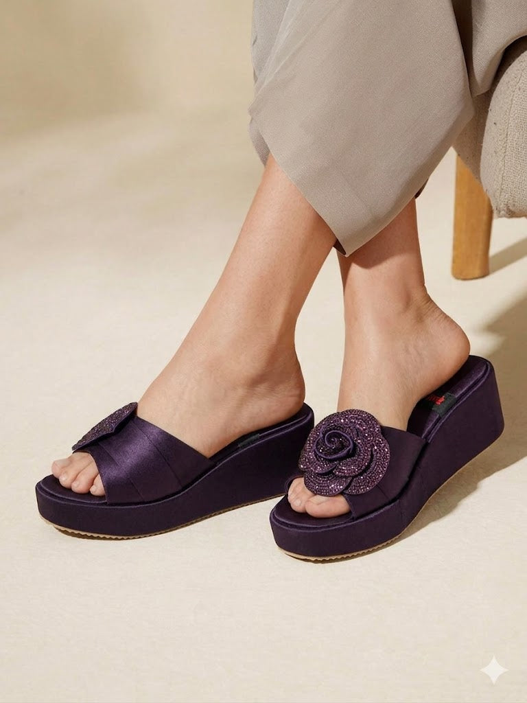 Inayat Shoes Deep Maroon Sparkling Floral Wedge Sandals for traditional Baraat outfits.