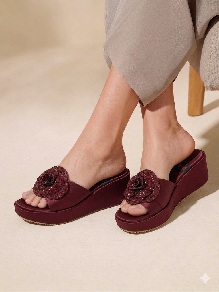 Inayat Shoes Royal Purple Rose Embellished Satin Wedges for Mehndi and Sangeet festivities.
