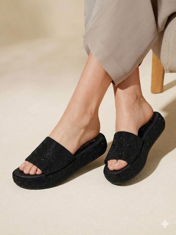 Inayat Shoes Women's Midnight Black Braided Strap Chappals with contoured comfort footbed.