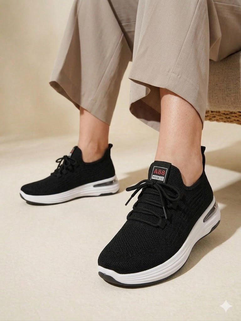 Inayat-Shoes-side-view-black-knit-sneakers-white-midsole-girls-running-footwear