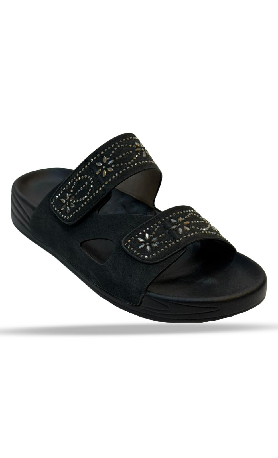 Side view of Inayat Shoes designer flats with a unique gold geometric accent and flat sole.