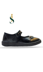 ayat Shoes | Girls black patent Mary Jane school shoes with a heart-shaped buckle.
