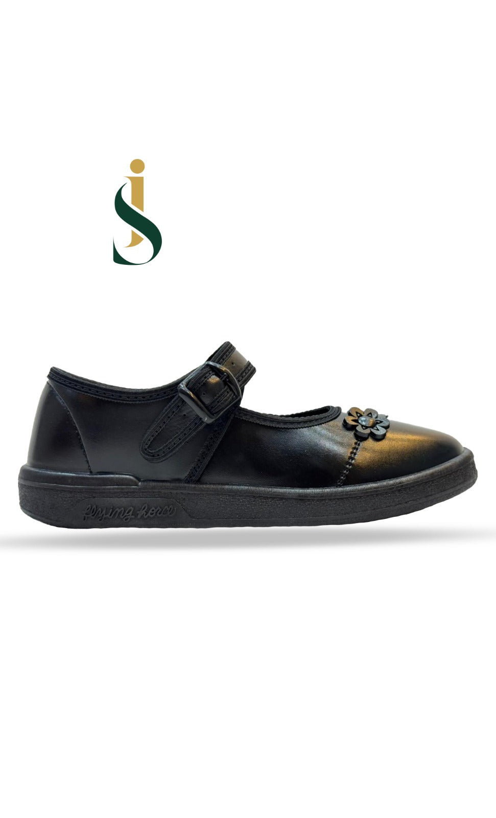 ayat Shoes | Girls black patent Mary Jane school shoes with a heart-shaped buckle.