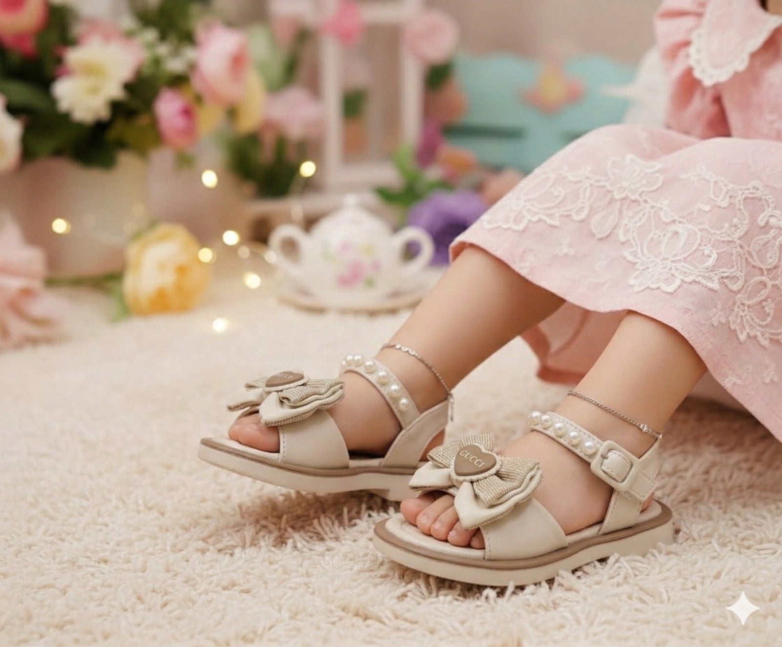 Close-up of the vibrant handcrafted embroidery on Inayat Shoes girls festive sandals.