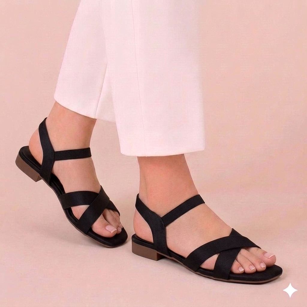 Women's black criss-cross slingback sandals with comfortable elastic strap and low heel.