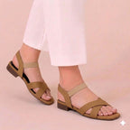 Earth-toned mocha brown elastic sandals for women, casual summer style.