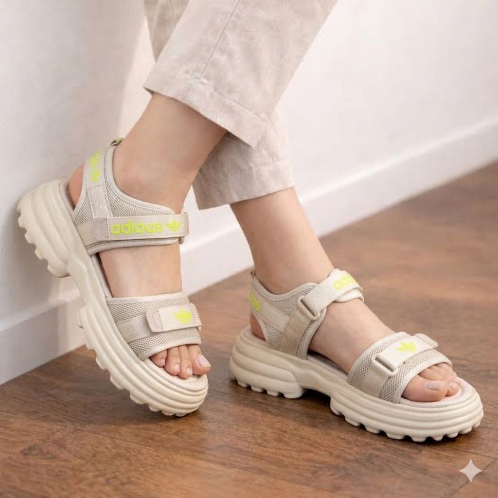 Women's beige sporty platform sandals with adjustable straps and chunky lug sole.
