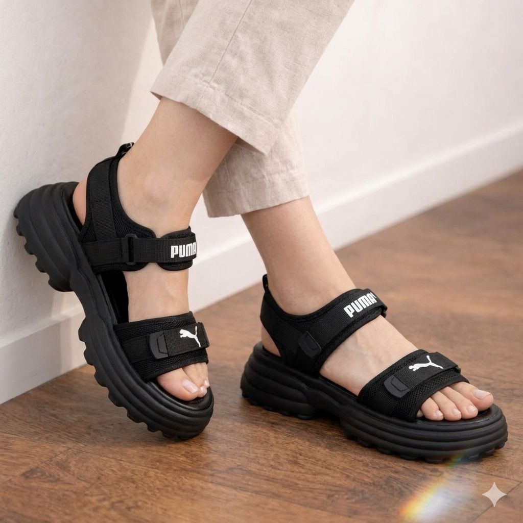 Side view of black chunky utility sandals for women featuring white logo accents.