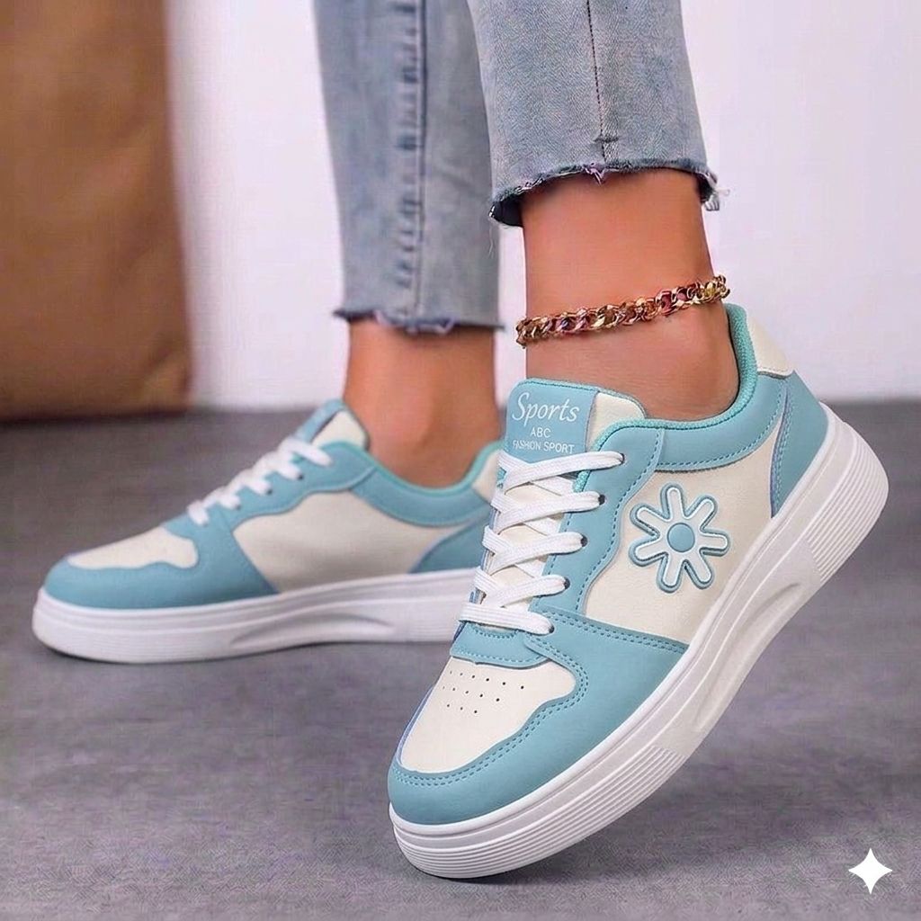 Women's pastel platform sneakers with floral fabric patchwork and star motif overlays.