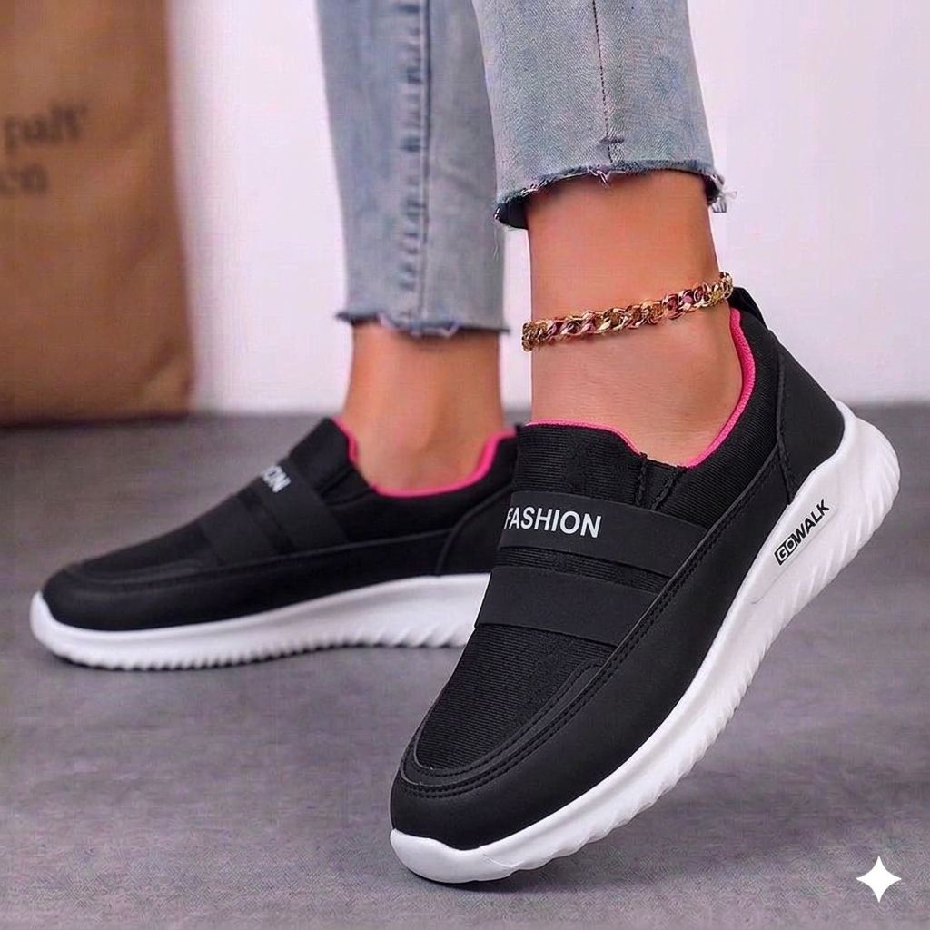 Black women's walking shoes with pink interior lining and flexible cushioned outsole.