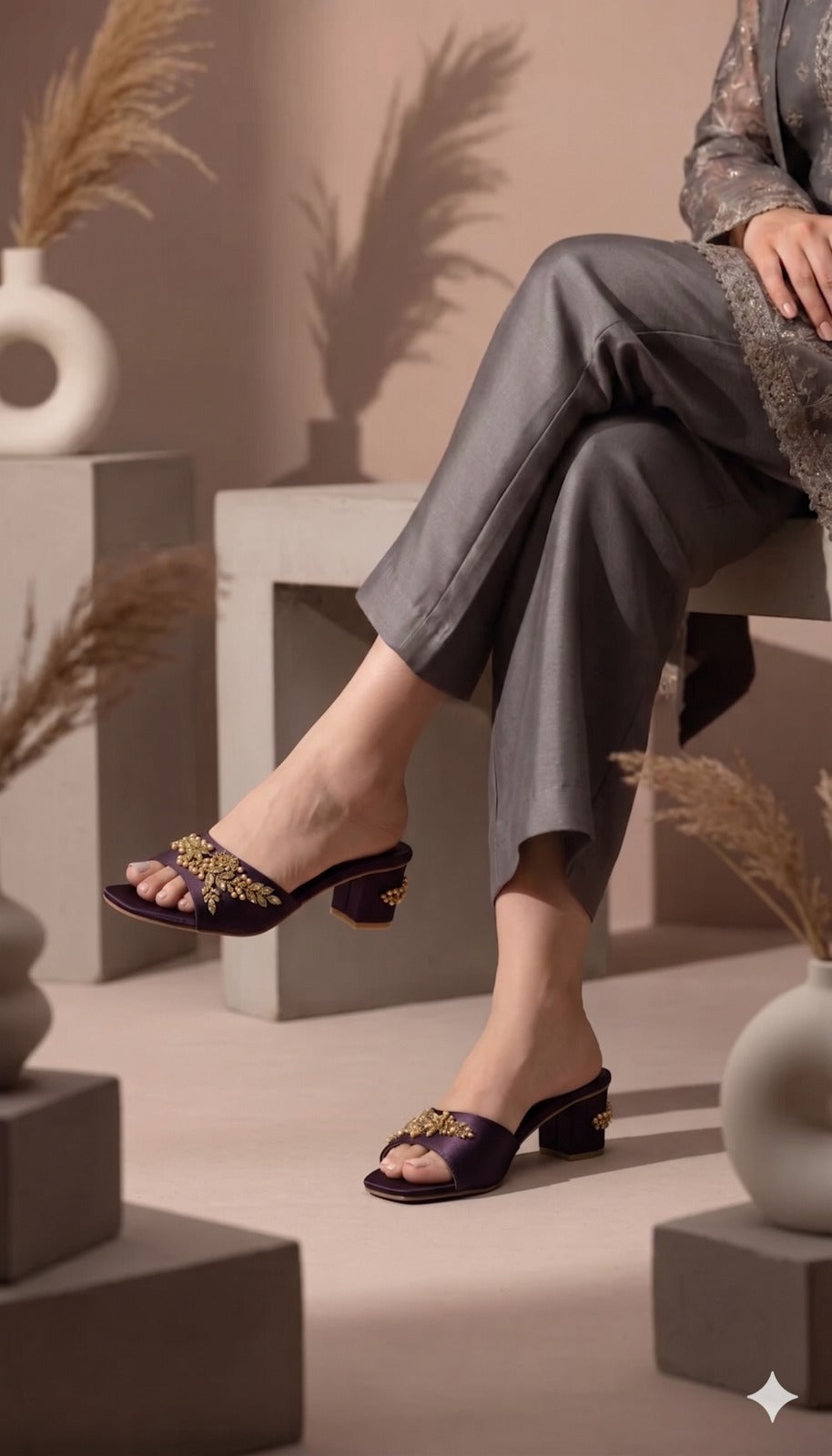 Person wearing purple sandals with decorative elements, sitting on a geometric stone structure.