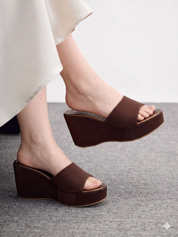 Brown platform sandals worn by a person on a gray floor.