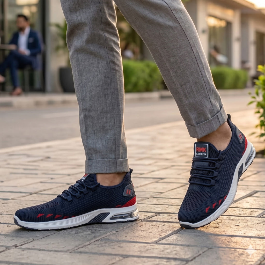 Navy and red sneakers worn on a paved walkway with a blurred background
