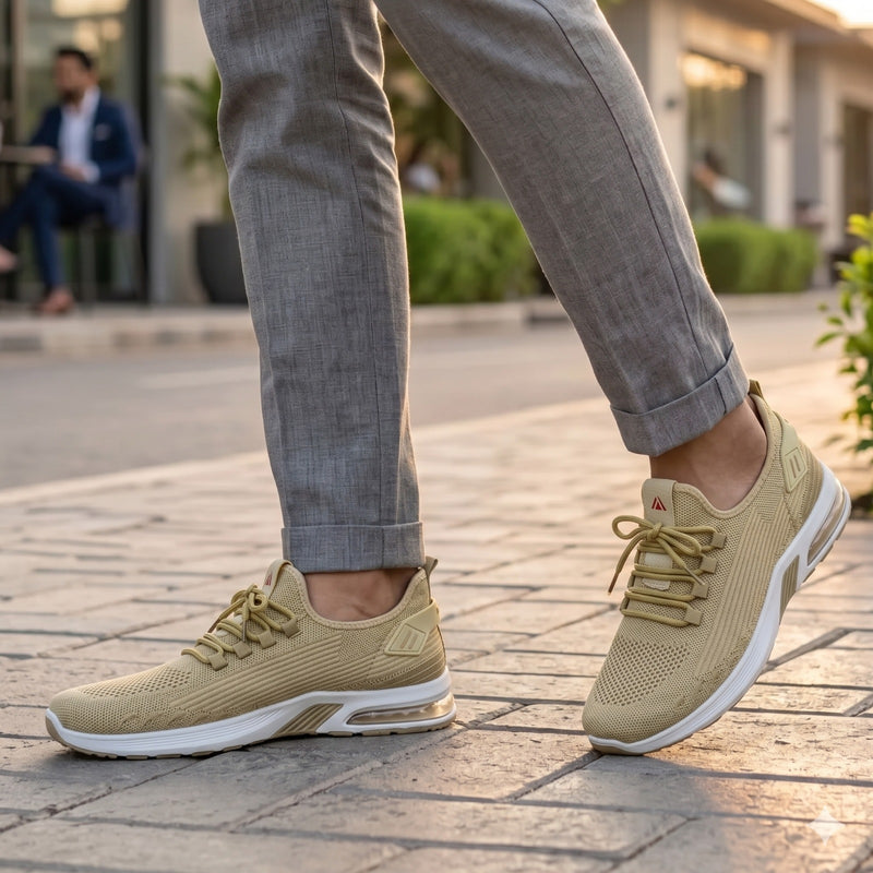 Beige sneakers worn on a person's feet with a blurred background of a street scene.
