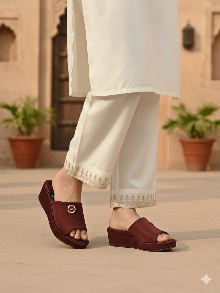 Person wearing maroon sandals with white pants in an outdoor setting
