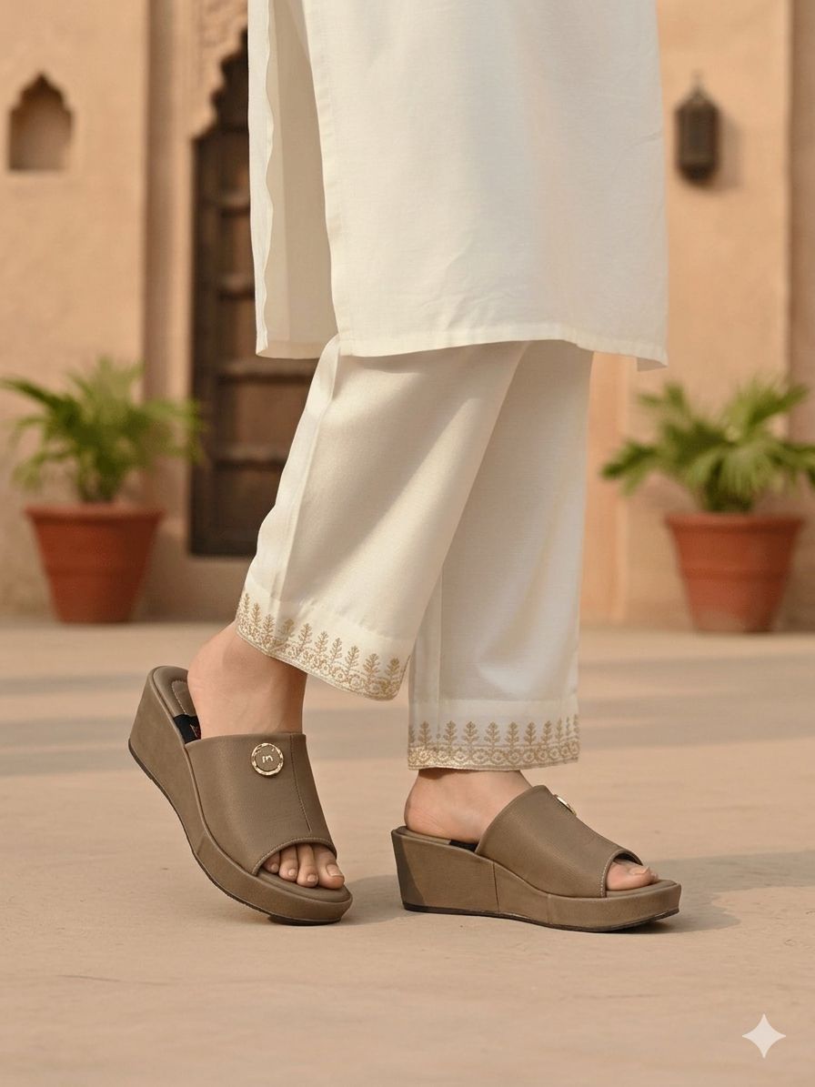 Person wearing brown sandals with a light-colored outfit in an outdoor setting.