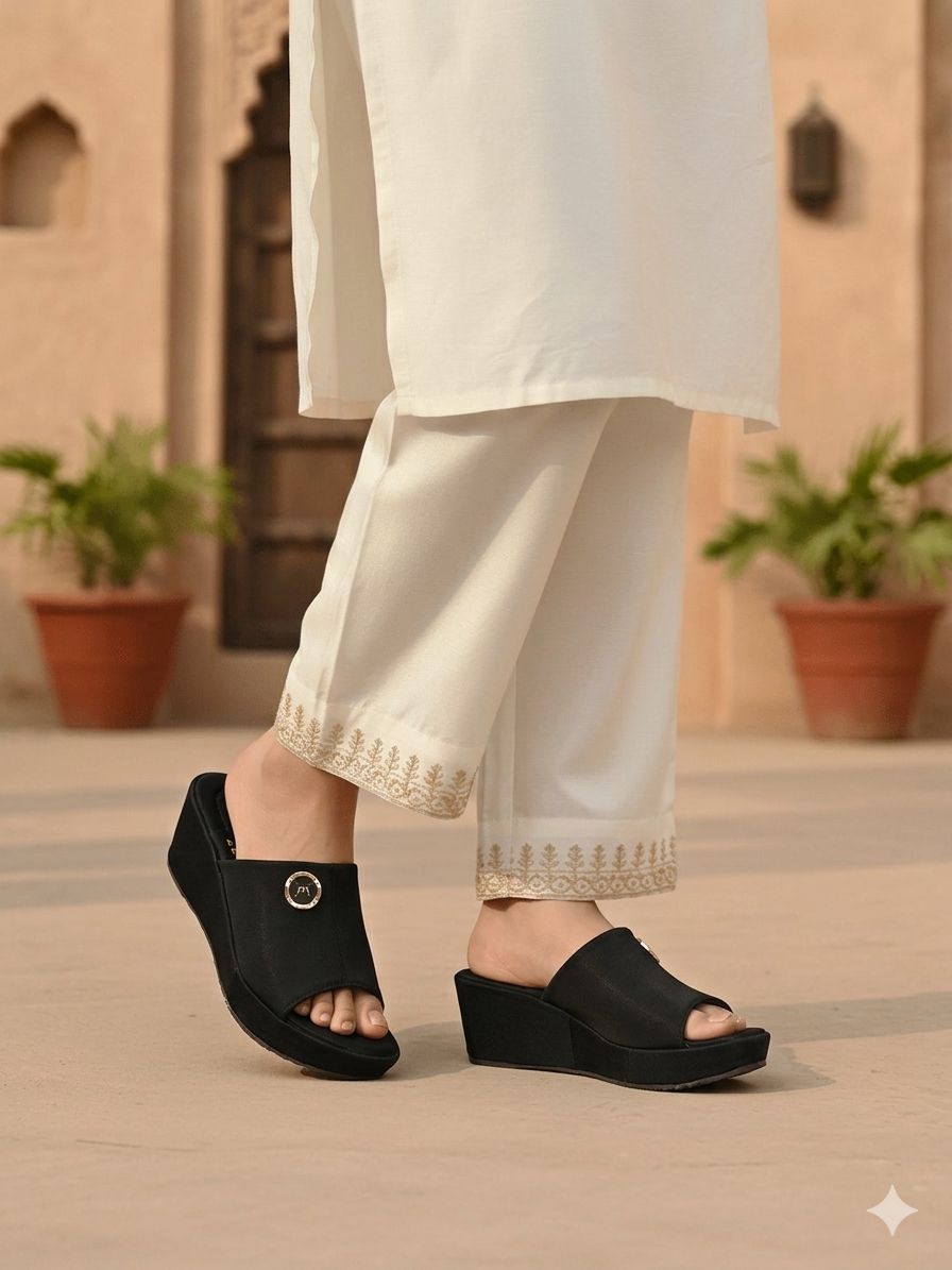 Person wearing black sandals with a beige background