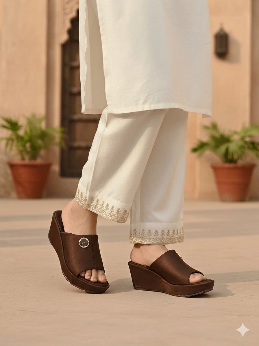 Person wearing brown sandals with a white outfit in an outdoor setting
