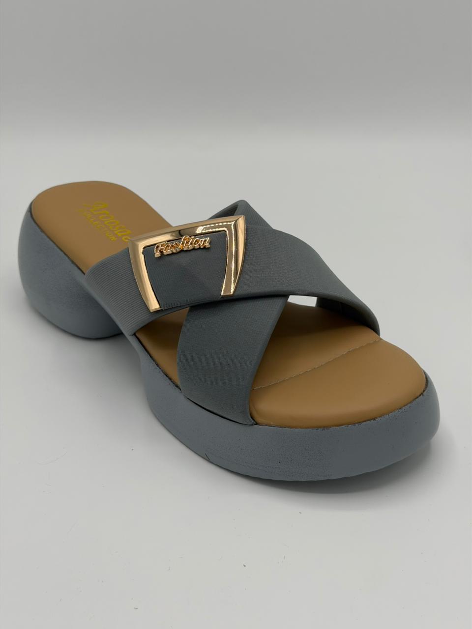 Gray sandal with brown insole on a gray background