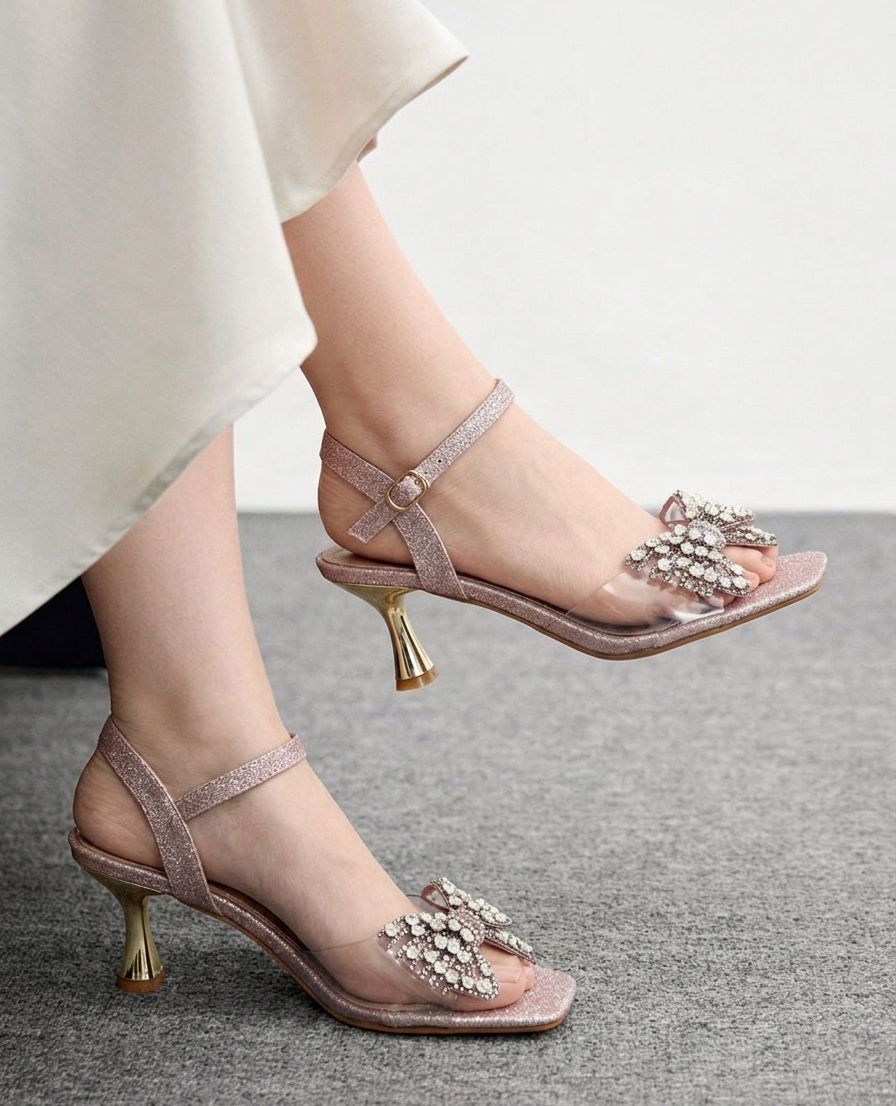 Pink high-heeled sandals with crystal embellishments worn by a person.