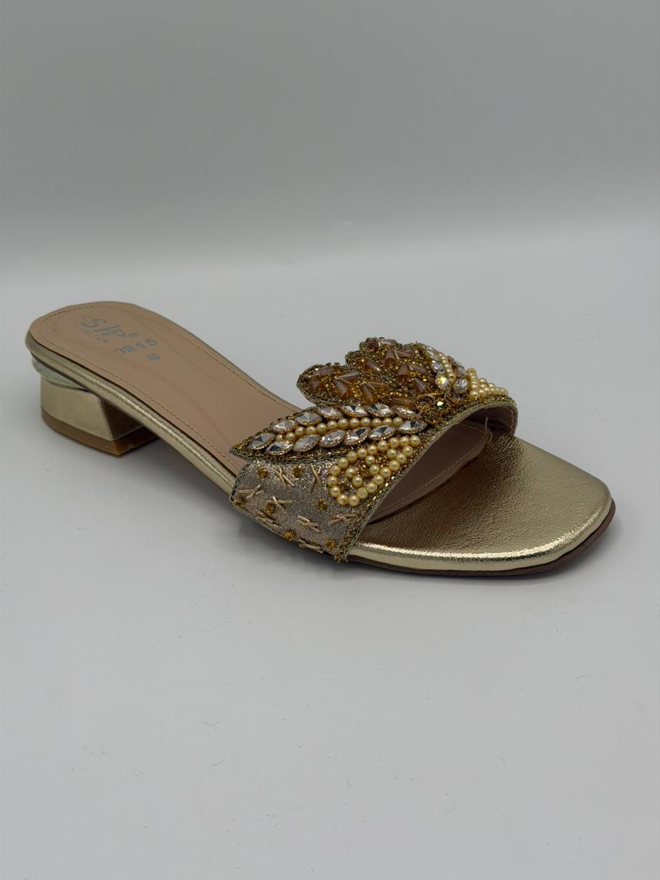 Women's Pearl & Crystal Embellished Block Heel Mules — Green, Maroon, Gold & Black