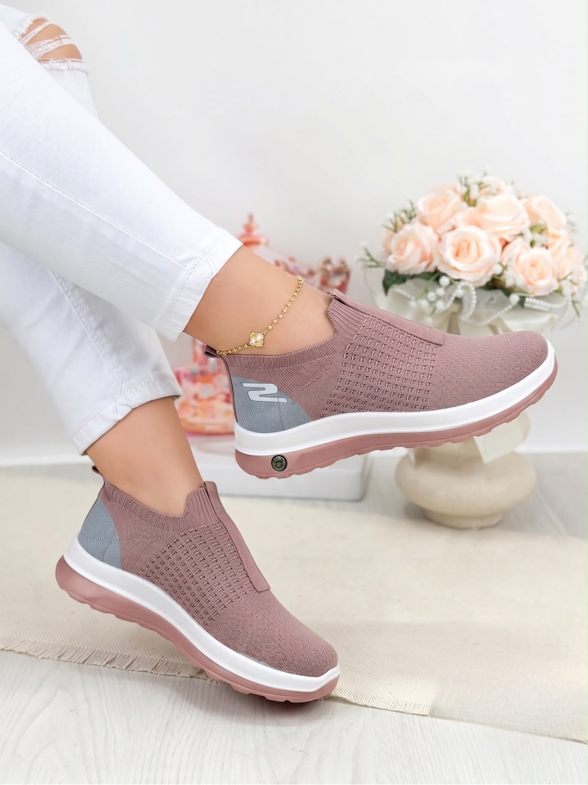 Women's Skechers Style Dusty Pink Slip-On Sneakers – Soft Knit Mesh Comfortable Shoes | Inayat Shoes Pakistan