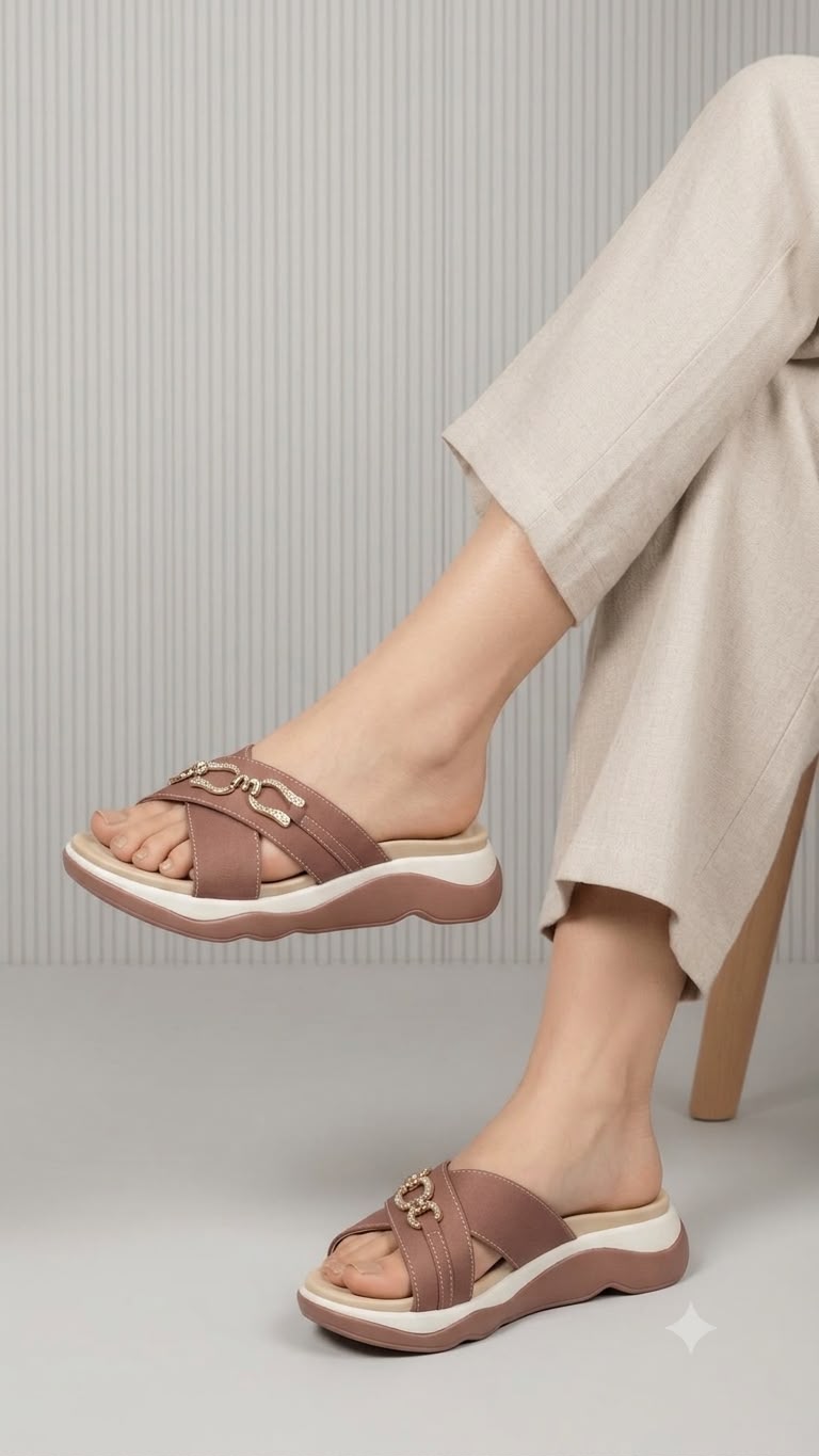 A person wearing taupe-brown slide sandals with a metallic gold horsebit detail on the straps, paired with light beige linen trousers, seated on a wooden chair against a gray ribbed background.
