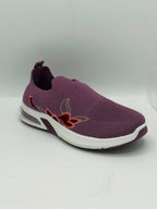 A single slip-on mesh sneaker in a muted purple color, featuring a white sole and red embroidered floral details on the side.