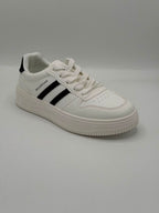 A white low-top sneaker with three black stripes on the side, featuring a chunky white sole and the brand name 'MELISTEAN' printed in black on the side.