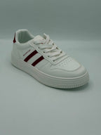 A white low-top sneaker with three dark red stripes on the side, white laces, and the brand name 'MELTEDAN' printed in black on the side panel, set against a plain gray background.
