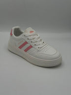 A white low-top sneaker with pink three-stripes and pink accents on the tongue and heel, photographed on a light gray background.