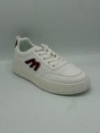A white low-top sneaker with a thick white platform sole, featuring a maroon 'M' logo on the side and a matching maroon pull tab on the heel.