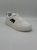 A white low-top sneaker with a thick white platform sole, featuring a black stylized 'm' logo on the side, white laces, and a white padded collar, shown against a neutral gray background.