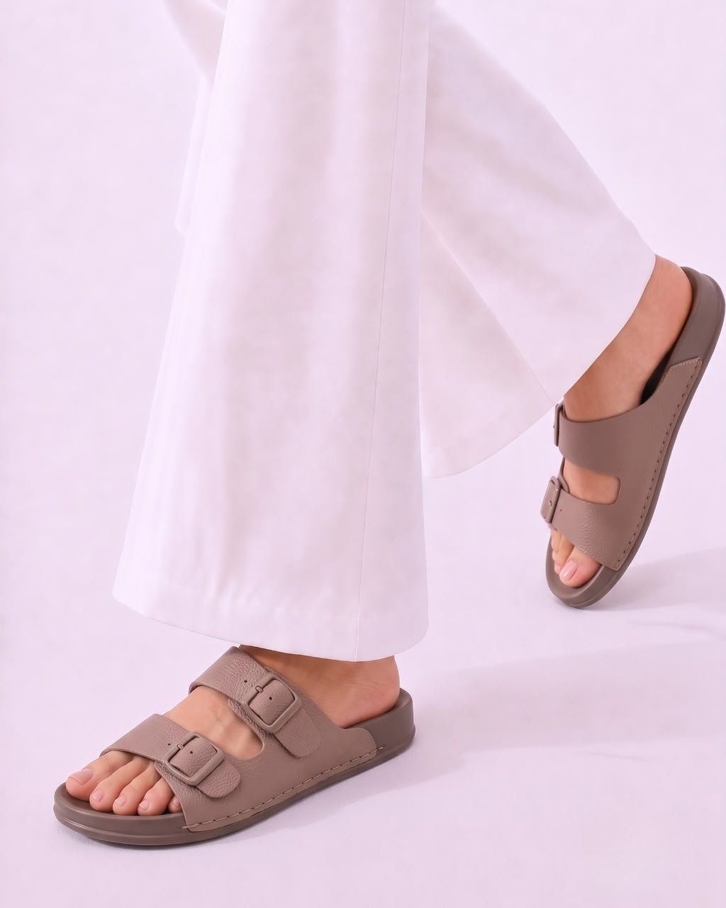 Taupe double-strap slide sandals worn with white wide-leg pants, shown on a model against a light lavender studio background.