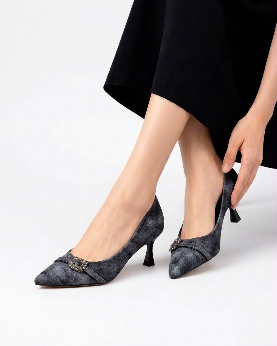 Crystal Buckle Jacquard Court Heel Inayat Shoes