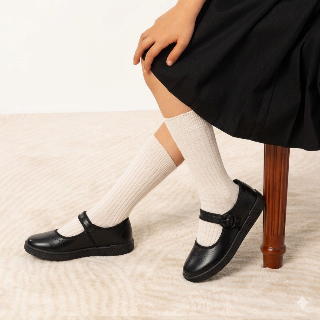 Overhead view of the cushioned insole and rounded toe of Inayat Shoes Mary Janes.