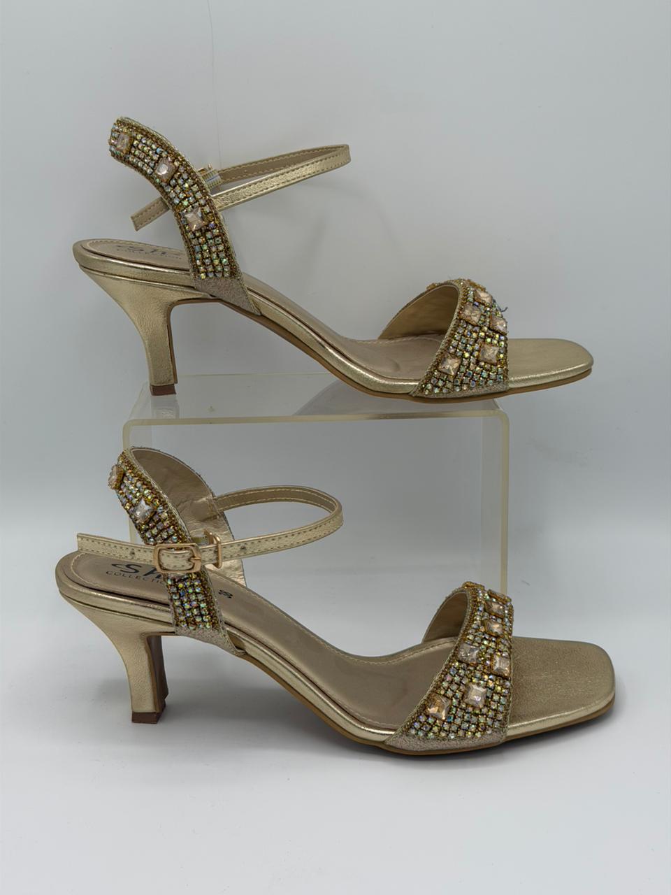 Women's Rhinestone Kitten Heel Sandals — Maroon, Gold & Silver