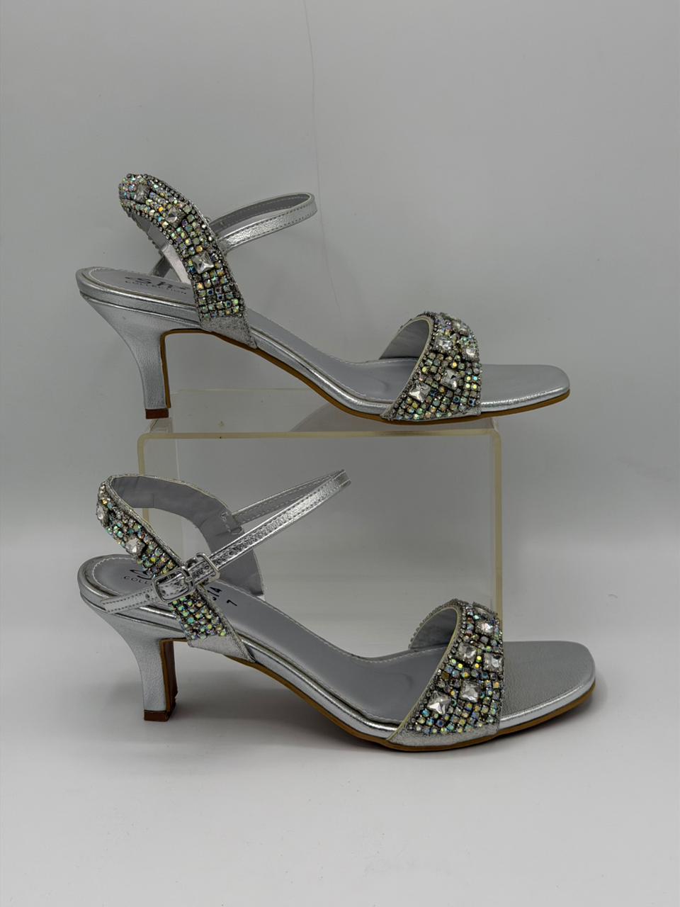 Women's Rhinestone Kitten Heel Sandals — Maroon, Gold & Silver