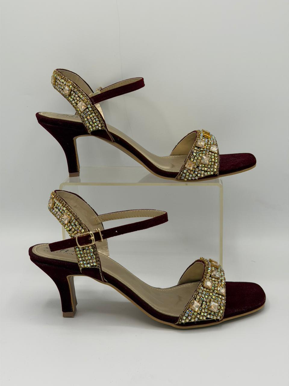 Women's Rhinestone Kitten Heel Sandals — Maroon, Gold & Silver